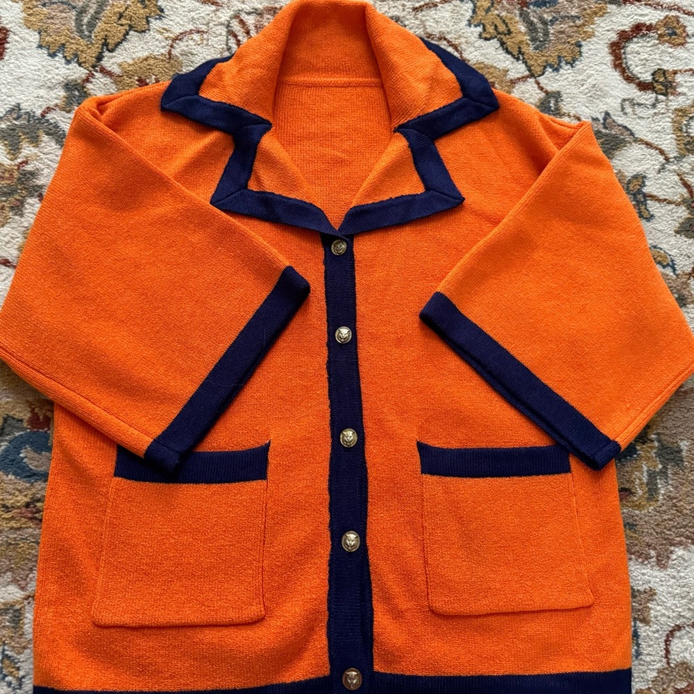 ABSOLUTELY GORGEOUS ORANGE BLUE BUTTON CARDIGAN SWEATER HEAVY HIGH QUALITY KNIT